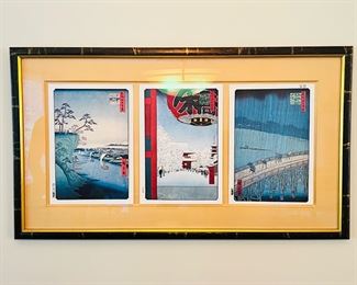 Beautifully framed set of 3 woodblock prints by Utagawa Hiroshige.  Includes ‘View of Konodai and the Tone River’, ‘Kinryuzan at Asakusa’, & ‘Sudden Shower Over Shin-Ohashi Bridge & Atake’