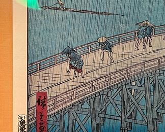 Beautifully framed set of 3 woodblock prints by Utagawa Hiroshige.  Includes ‘View of Konodai and the Tone River’, ‘Kinryuzan at Asakusa’, & ‘Sudden Shower Over Shin-Ohashi Bridge & Atake’
