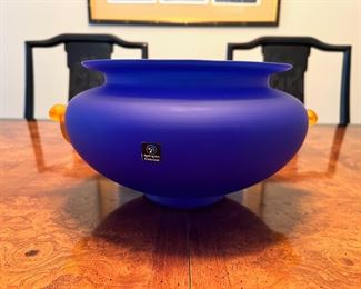 Beautiful frosted cobalt blue glass vase with orange “handles” by Marc Aurel