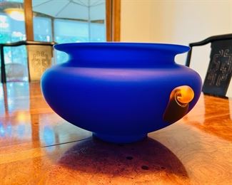 Beautiful frosted cobalt blue glass vase with orange “handles” by Marc Aurel