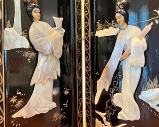 Vintage 14” tall Chinoiserie Mother of Pearl hand painted lacquered wood 4-panel screen 