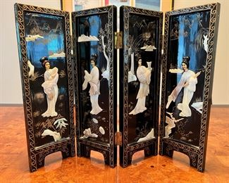 Vintage 14” tall Chinoiserie Mother of Pearl hand painted lacquered wood 4-panel screen 
