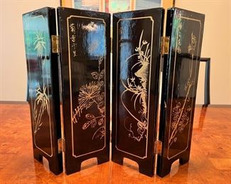 Vintage 14” tall Chinoiserie Mother of Pearl hand painted lacquered wood 4-panel screen 