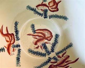 20th Century Asian painted porcelain Koi Fish Bowl on wood stand