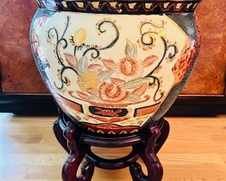 20th Century Asian painted porcelain Koi Fish Bowl on wood stand
