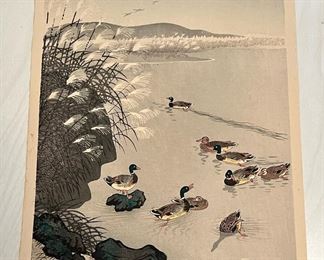 Original vintage ‘Wild Ducks and Pampas Grass’ Woodblock Print on Paper by Ohara Koson.  Size is approximately 10” x 15”