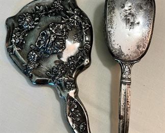 Antique sterling silver mirror and sterling silver hairbrush 