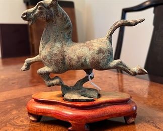 Vintage ‘Flying Horse of Gansu’ bronze sculpture reproduction on wood base