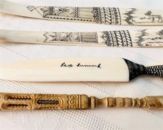 Vintage and antique carved bone letter openers including one by Leo Kunnuk