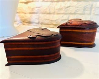 Rare antique Black Forest wood carved heart shaped boxes with hand painted detail