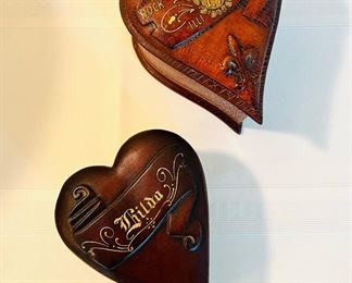 Rare antique Black Forest wood carved heart shaped boxes with hand painted detail