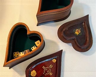 Rare antique Black Forest wood carved heart shaped boxes with hand painted detail