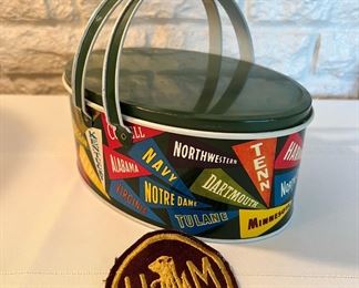 Super fun vintage Collegiate Pennant tin lunchbox and vintage U of M patch & button