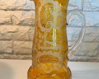 Antique Bohemian amber glass pitcher 