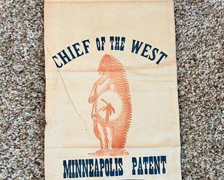 Original antique ‘Chief of the West’ Minneapolis flour sack approximately 25”T x 12 1/2”W