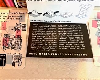 Amazing vintage set of  ‘House of Cards’, all in German.  Charles & Ray Eames selected their ‘good things’ as the photos on each card which has a title card which depicts possible creations to build using the cards.  This set is in Unused Vintage Condition!