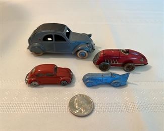 Vintage mini JRD s CV Citroen9(top left), 1950’s German wind-up car, 661 VW Beetle for LEGO and tiny metal Tootsietoy race car