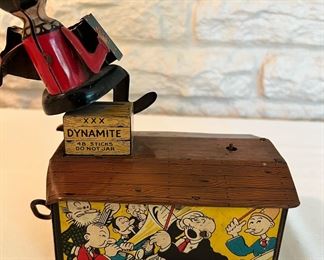 Vintage Marx tin litho Popeye & Olive Oyl on Roof.  As shown in the photos, Popeye is missing his arms and the original stem he would be attached to