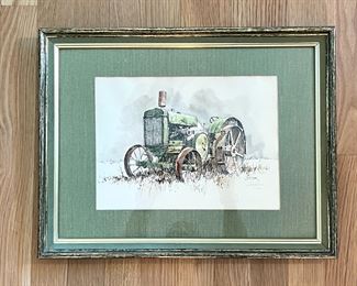 Vintage Larry Veeder watercolor print of an antique John Deere tractor, signed in pencil