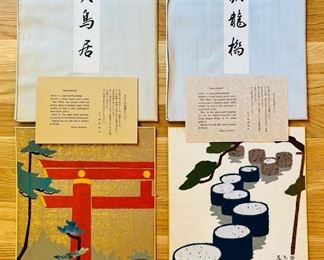 Pair of vintage Shusei Arashino “Harie-Shikishi” art pieces with original wrapping and descriptor cards