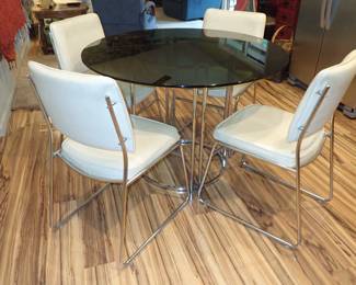 SILVER & WHITE CHAIRS WITH SILVER BASE SMOKED GLASS ROUND TABLE