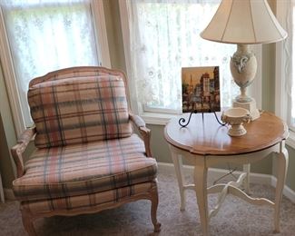 Upholstered accent chair and Ethan Allen side table