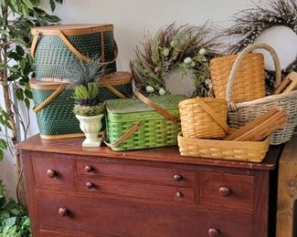 Vintage mahogany dresser, Longaberger baskets and home decor
