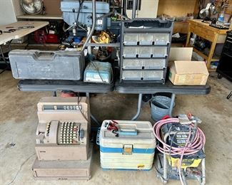 VINTAGE CAS REGISTER, TACKLE BOX WITH LURES INSIDE, PAINT SPRAYER