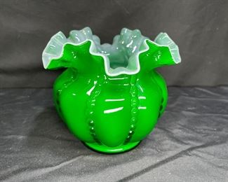 Vtg Fenton Ivy Overlay Melon Ruffle Edge Vase