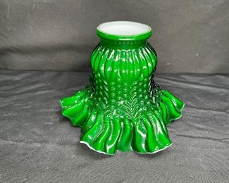 Pair Vtg Fenton Green Ivy Overlay Lamp Shades