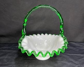 Vtg Fenton Emerald Crest Beaded Melon Basket
