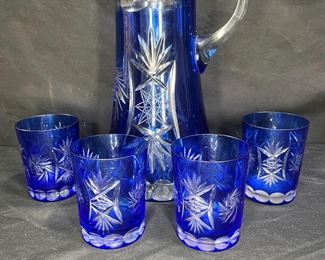 Bohemian Czech Cobalt Cut to Clear Pitcher & Glass