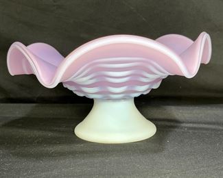 Vtg Hand Blown Satin Lilac Ruffled Pedestal Bowl