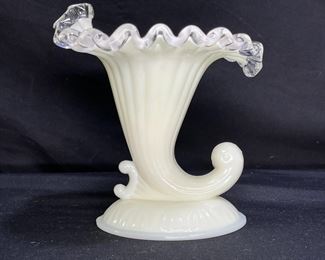Fenton Ivory Crest Cornucopia Vase