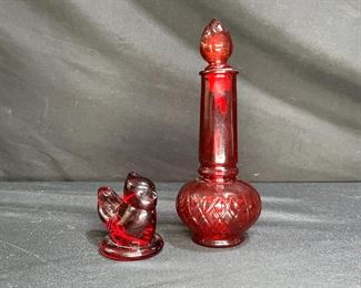 Vtg Ruby Glass Genie Perfume Bottle & Cardinal
