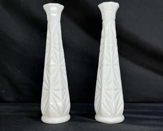 2 MCM Milk Glass Bud Vase Star Burst Bud Vases