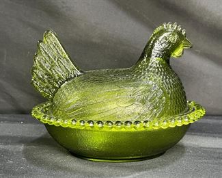 Vintage Indiana Glass Avocado Nesting Hen Dish