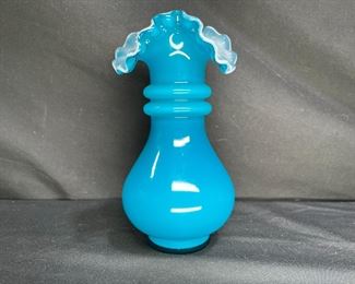 Fenton Jamestown Blue Overlay DBL Ring Ruffle Vase