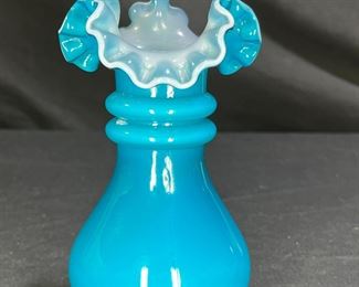 Fenton Jamestown Blue Overlay DBL Ring Ruffle Vase