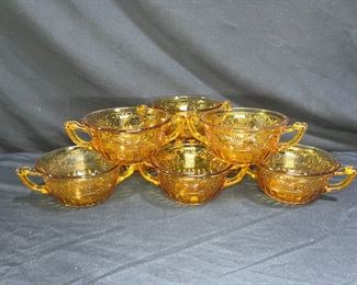 8 Indiana Amber Glass Daisy Handled Soup Bowls