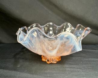 Pink Opalescent Ruffled Art Glass Beaded Foot Bowl
