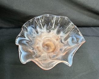 Pink Opalescent Ruffled Art Glass Beaded Foot Bowl