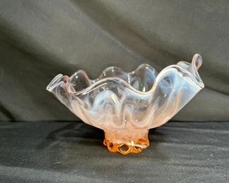 Pink Opalescent Ruffled Art Glass Beaded Foot Bowl
