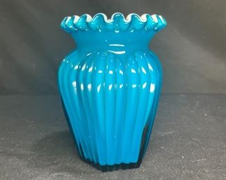Fenton Jamestown Blue Overlay Ribbed Crimped Vase