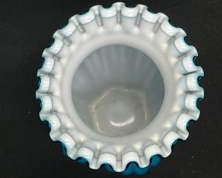 Fenton Jamestown Blue Overlay Ribbed Crimped Vase