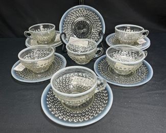 MoonStone Opalescent Hobnail Teacups & Saucers
