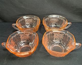 4 Pink Mayfare Open Rose Depression Glass Teacups