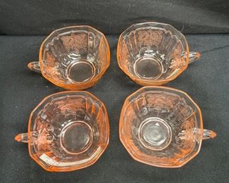 4 Pink Mayfare Open Rose Depression Glass Teacups