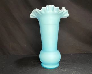 Victorian Blue Satin Glass Ruffle Edge Vase