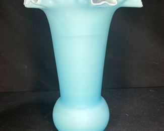 Victorian Blue Satin Glass Ruffle Edge Vase